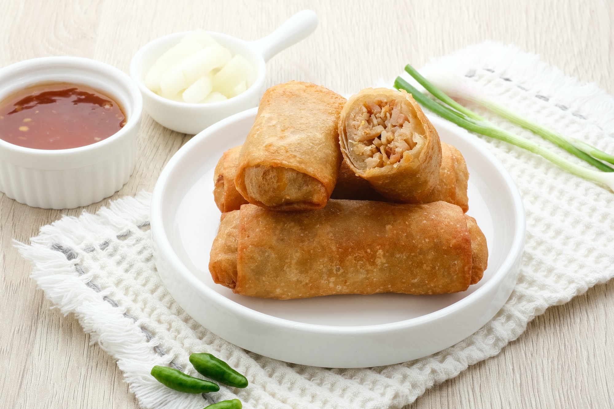 Lumpia or lunpia, traditional snacks from Semarang, Central Java, Indonesia.