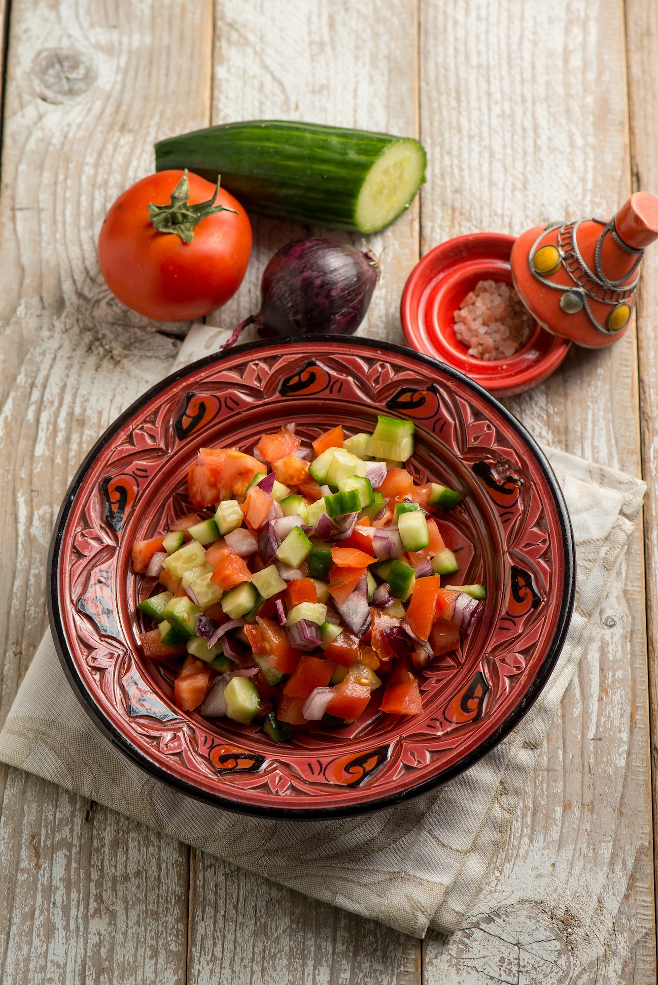 traditional moroccan salad with onions tomatoes and cucumber