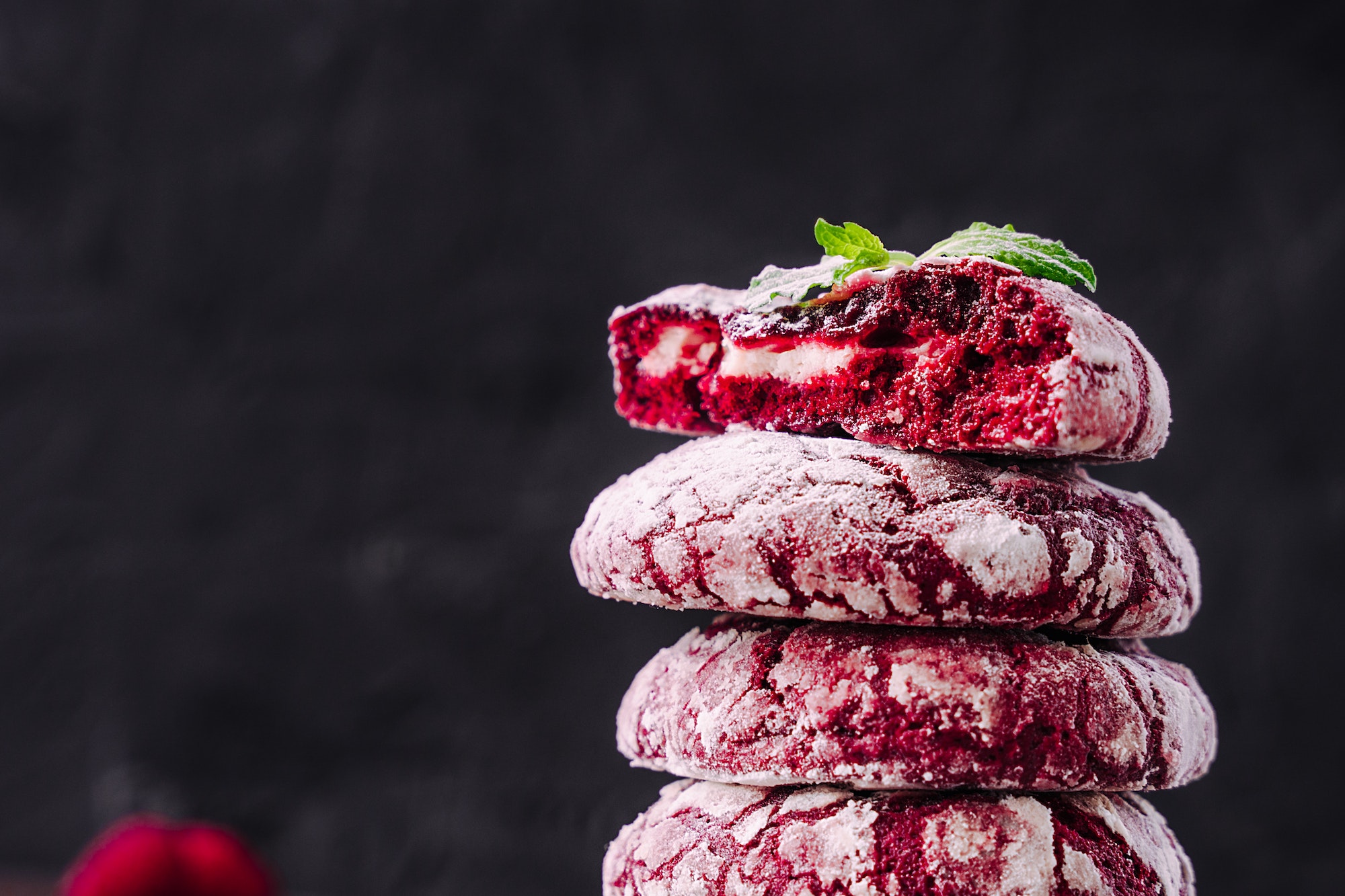 Stack or tower of cookies. Red velvet cookies close up